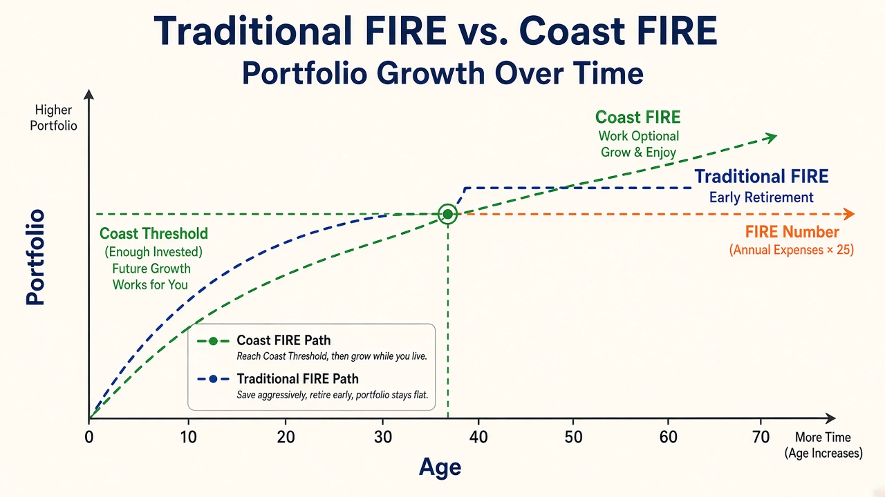 Coast FIRE path vs traditional FIRE path on a portfolio chart